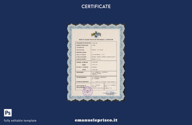 modello PSD del certificato di morte del documento di stato civile Eswatini in s